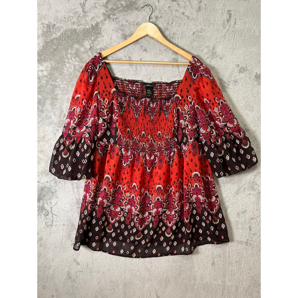 Boho Smocked Peasant Blouse Red Paisley Floral Flowy Sleeves Indie Cottage 18/20